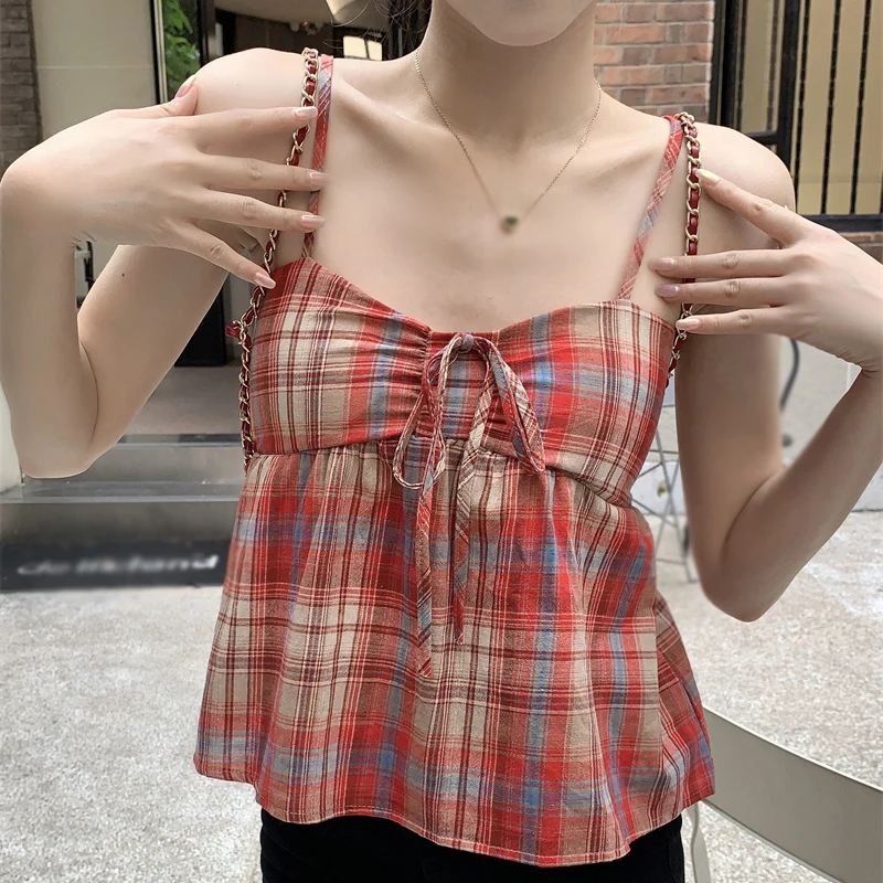 Женская майка с контрастными клетчатыми подтяжками, Милая Короткая Блузка, женская маленькая рубашка 
Женская майка с контрастными клетчатыми подтяжками, Милая Короткая Блузка, женская маленькая рубашка