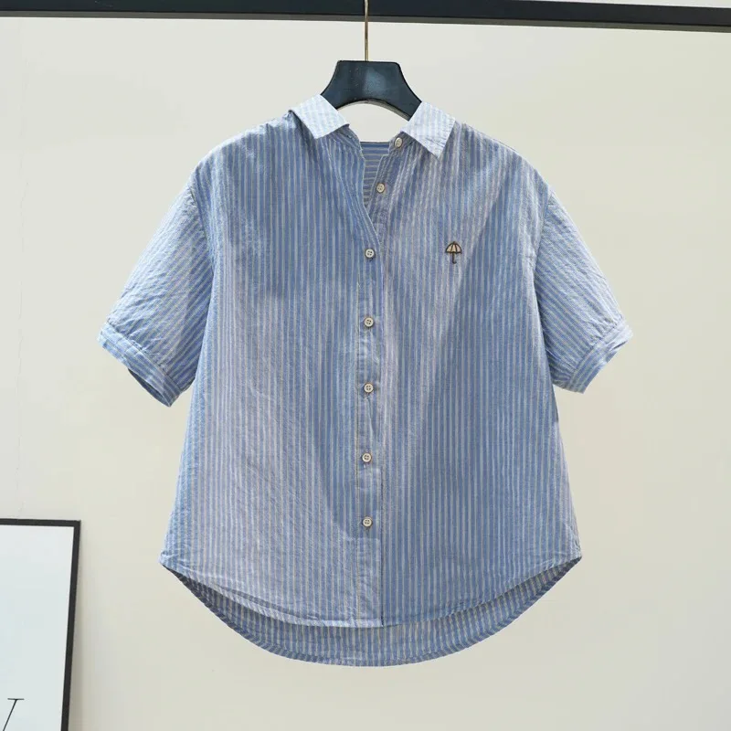 Women Blue Stripe Cotton Short Sleeve Shirt Embroidery Umbrella Loose Retro Blouse
Women Blue Stripe Cotton Short Sleeve Shirt Embroidery Umbrella Loose Retro Blouse
