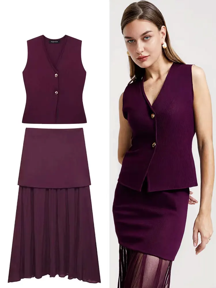 HH женские элегантные комплекты трикотажных юбок 2024, жилет с v-образным вырезом и пуговицами, топ + трапециевидная лоскутная юбка со складками, модный однотонный наряд
HH женские элегантные комплекты трикотажных юбок 2024, жилет с v-образным вырезом и пуговицами, топ + трапециевидная лоскутная юбка со складками, модный однотонный наряд