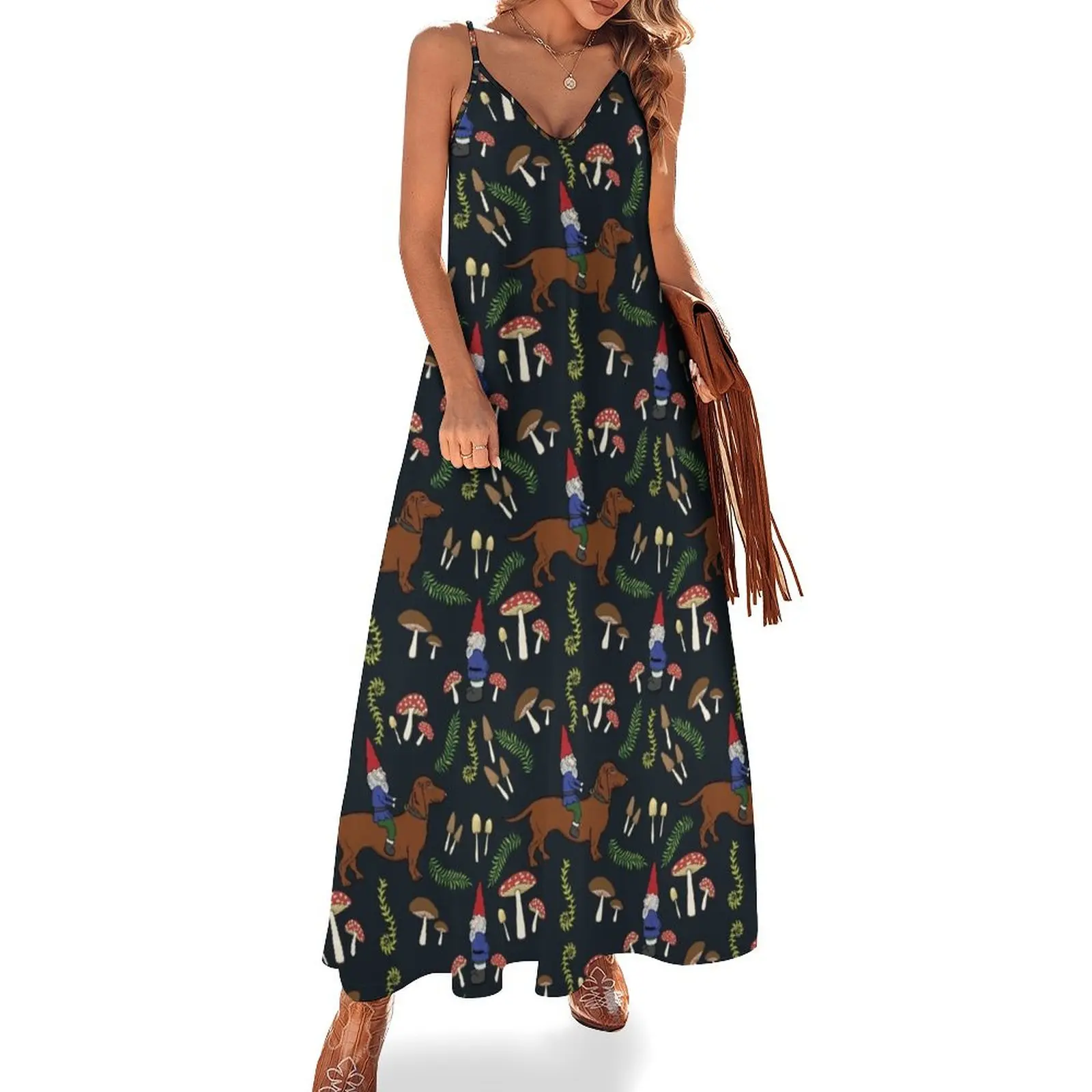Gnome and Dachshund in the Mushroom Forest, Black Background Sleeveless Long Dress Dress vintage purple dress
Gnome and Dachshund in the Mushroom Forest, Black Background Sleeveless Long Dress Dress vintage purple dress