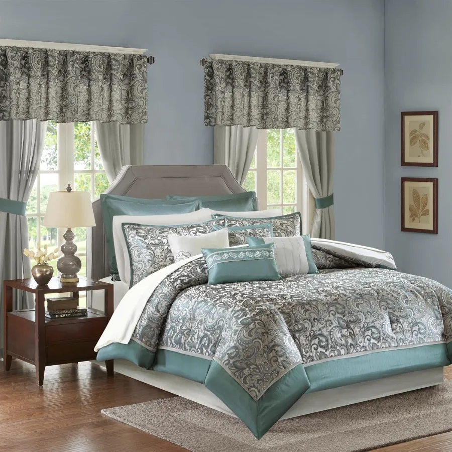 King Size Faux Silk Comforter Set with Jacquard Paisley Design and Matching Curtains Down Alternative Hypoallergenic All Season
King Size Faux Silk Comforter Set with Jacquard Paisley Design and Matching Curtains Down Alternative Hypoallergenic All Season