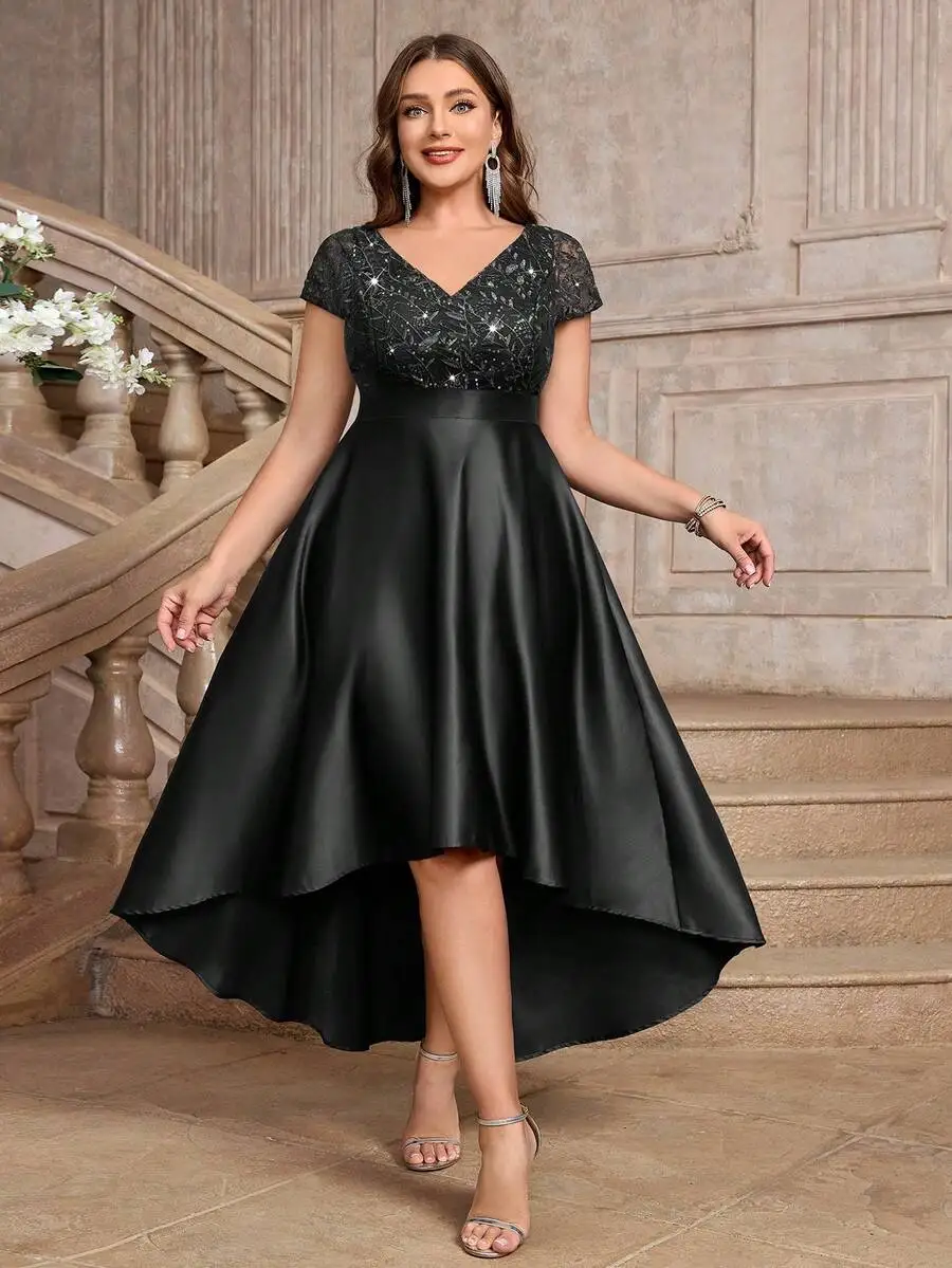 Plus Size V-Neck Sequin Embroidery Satin High-Low A-Line Formal Dress For Gala Wedding Guest
Plus Size V-Neck Sequin Embroidery Satin High-Low A-Line Formal Dress For Gala Wedding Guest
