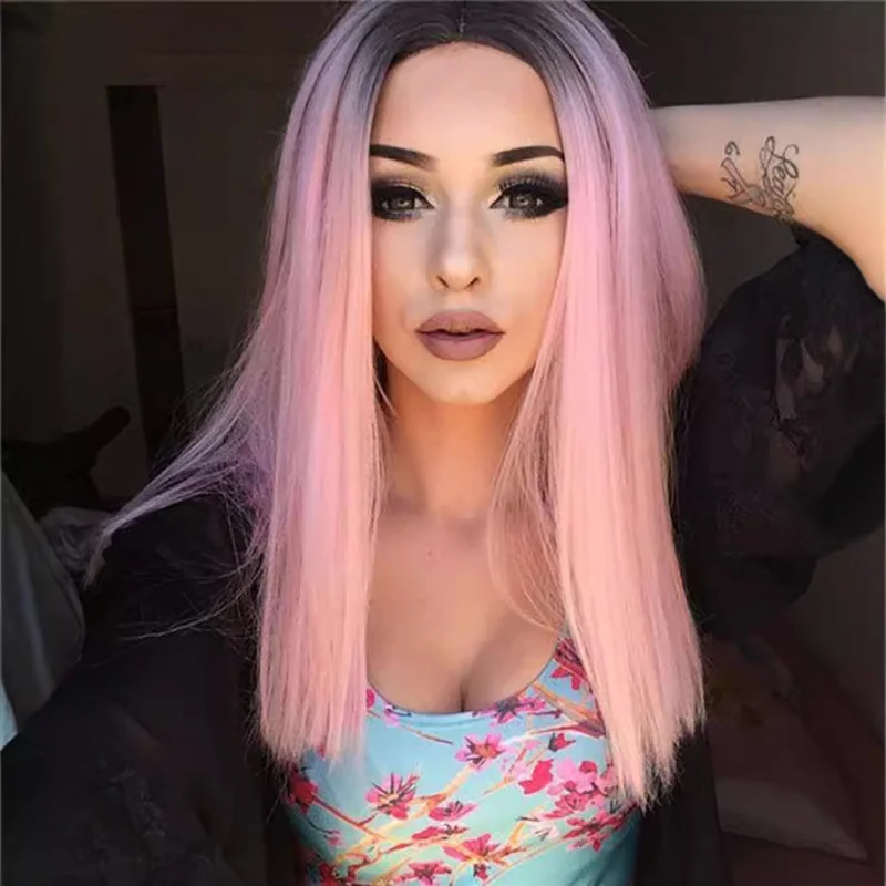 European and American synthetic fiber wig with middle parting, bangs, long straight hair, light pink color, female anime wi
European and American synthetic fiber wig with middle parting, bangs, long straight hair, light pink color, female anime wi