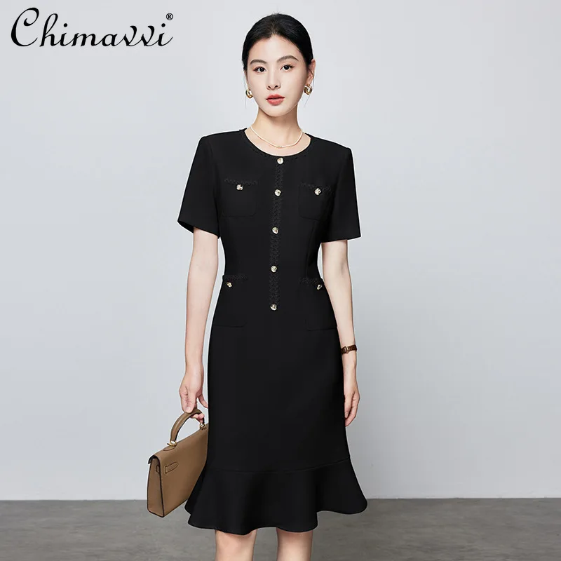 French Elegant Commuter Business Dress Round Neck Short Sleeve Single Breasted High Waist Slim Fit Bodycon Short Dress for Women
French Elegant Commuter Business Dress Round Neck Short Sleeve Single Breasted High Waist Slim Fit Bodycon Short Dress for Women