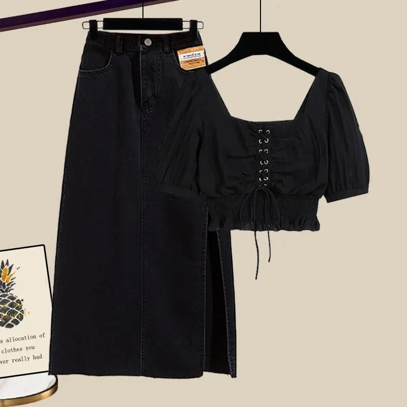 Летний модный комплект для женщин больших размеров: топ с квадратным вырезом и облегающая джинсовая юбка с разрезом, комплект из двух предметов, полиэстер
Летний модный комплект для женщин больших размеров: топ с квадратным вырезом и облегающая джинсовая юбка с разрезом, комплект из двух предметов, полиэстер