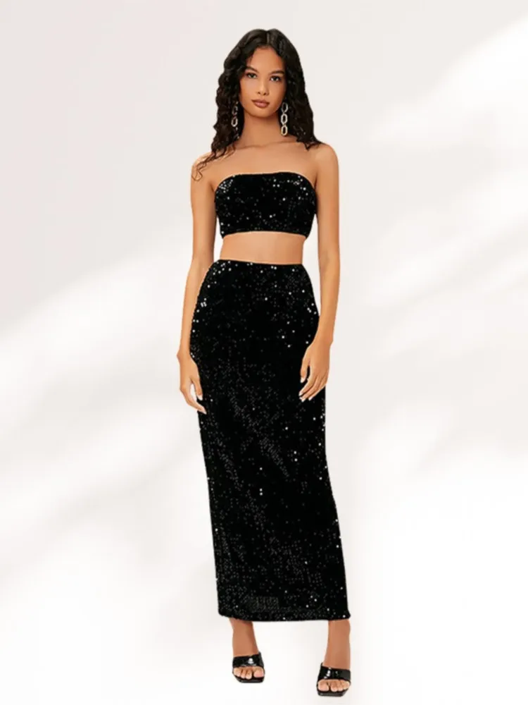 Sexy Two Piece Set Woman Two Piece Outfit New In Matching Sets Piglet Breast Shirt Solid Color Sequin Off Shoulder Backless Silm
Sexy Two Piece Set Woman Two Piece Outfit New In Matching Sets Piglet Breast Shirt Solid Color Sequin Off Shoulder Backless Silm