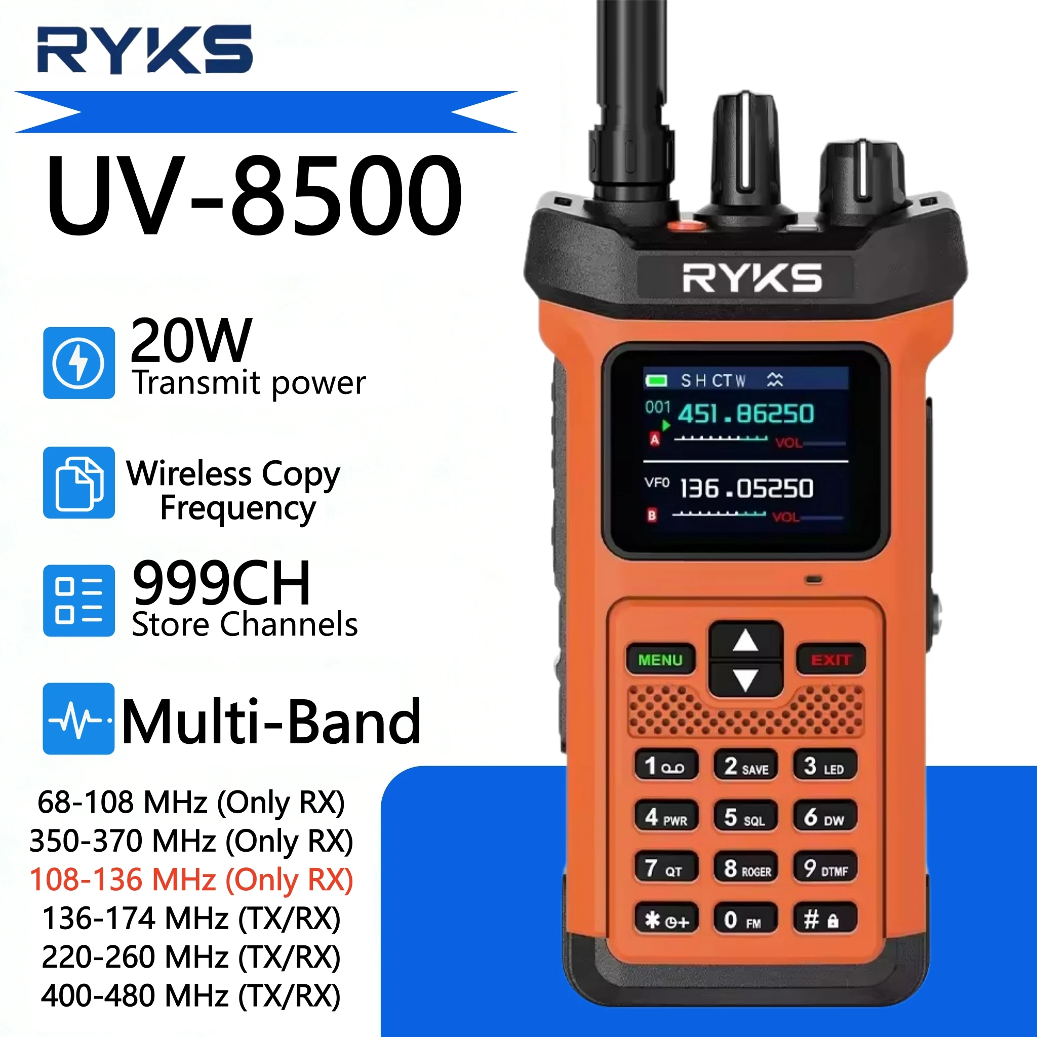 Рация Ryks-8500 20W высокой мощности с шумоподавлением, обратной зарядкой, VHF/UHF, двухдиапазонная, для 20W Ksun UV119D
Рация Ryks-8500 20W высокой мощности с шумоподавлением, обратной зарядкой, VHF/UHF, двухдиапазонная, для 20W Ksun UV119D