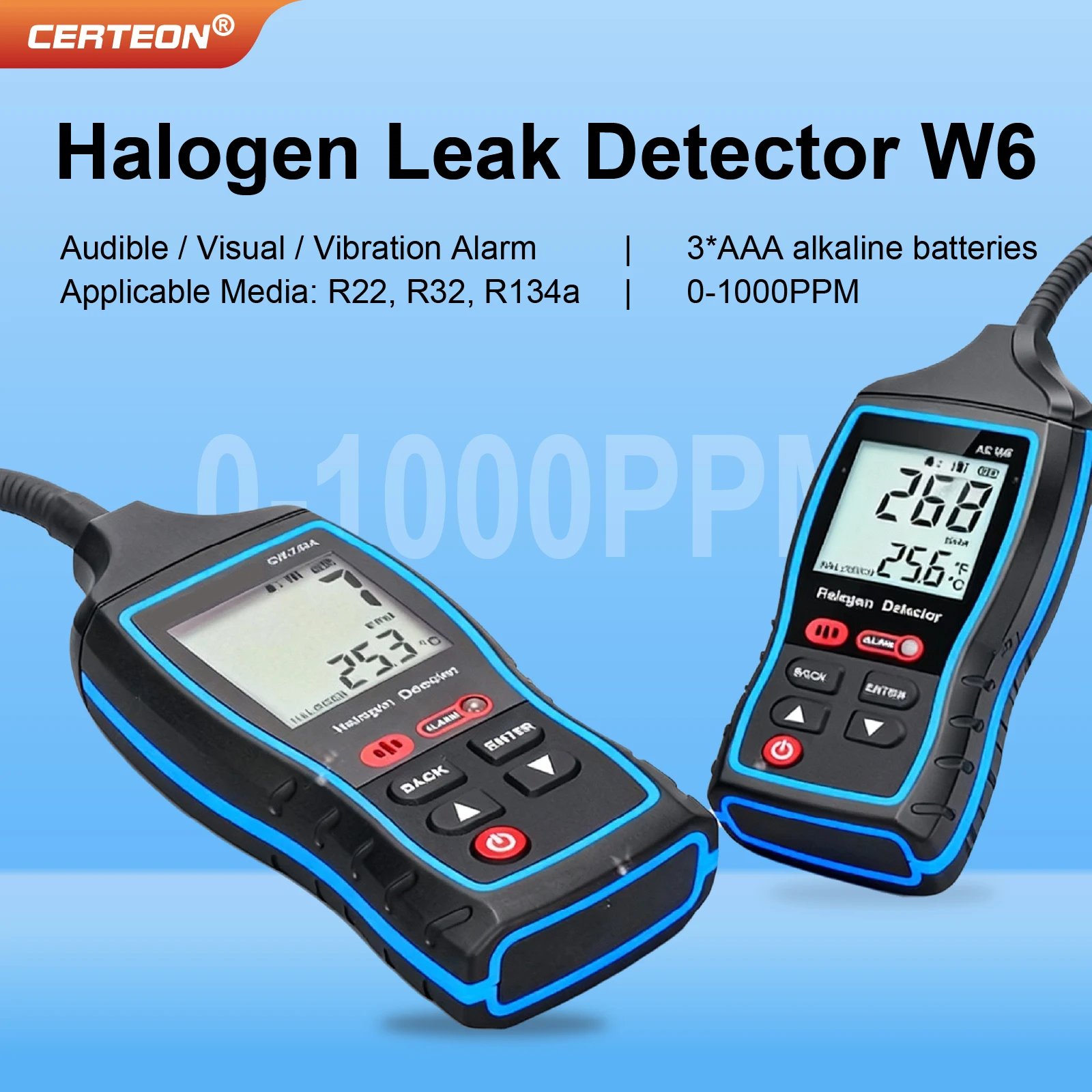 W6 Halogen Gas Detector 0‑1000 PPM Refrigerant Leak Detector Freon Leak Detector LCD Display Battery Powered Rechargeable
W6 Halogen Gas Detector 0‑1000 PPM Refrigerant Leak Detector Freon Leak Detector LCD Display Battery Powered Rechargeable