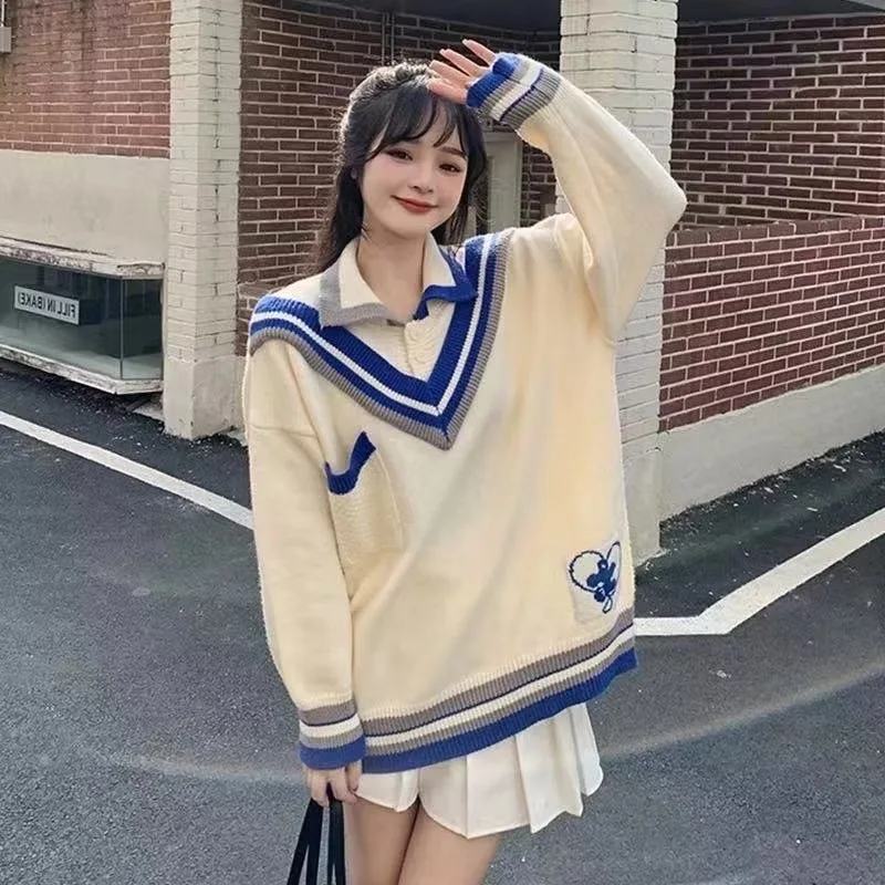 Autumn Fake Two Piece Polo Collar Wearing Knitted Sweaters Loose Versatile Sweater for Women Preppy Style Knit Shirt Outerwear
Autumn Fake Two Piece Polo Collar Wearing Knitted Sweaters Loose Versatile Sweater for Women Preppy Style Knit Shirt Outerwear