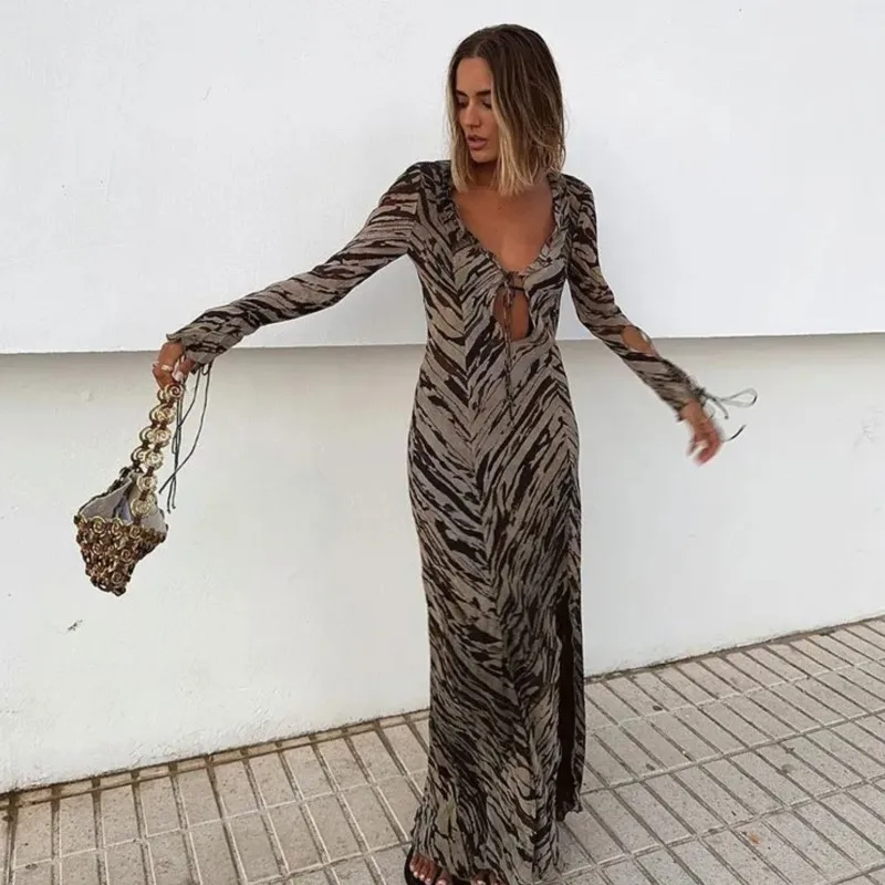 Leopard Print Women's Maxi Dress V Neck Long Sleeve Lace Up Ribbon Cutout Slim Dress Women Party Dress Women's Robe
Leopard Print Women's Maxi Dress V Neck Long Sleeve Lace Up Ribbon Cutout Slim Dress Women Party Dress Women's Robe