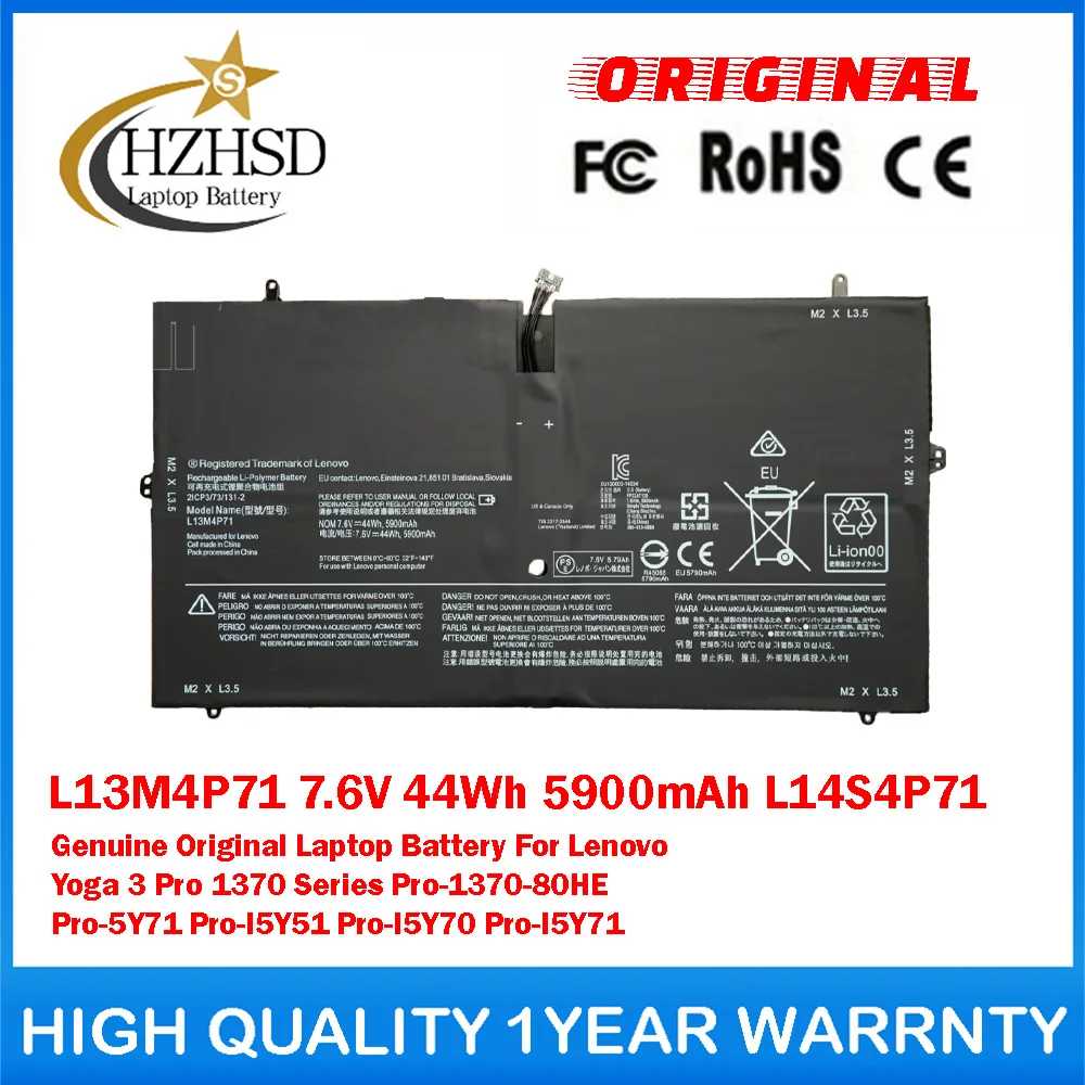 L13M4P71 7.6V 44Wh 5900mAh L14S4P71 Genuine Original Laptop Battery For Lenovo Yoga3Pro 1370 Pro-1370-80HE Pro-5Y71/I5Y51/I5Y70
L13M4P71 7.6V 44Wh 5900mAh L14S4P71 Genuine Original Laptop Battery For Lenovo Yoga3Pro 1370 Pro-1370-80HE Pro-5Y71/I5Y51/I5Y70