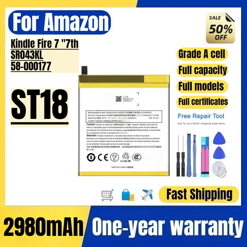 Аккумуляторы для мобильных телефонов ST18 для Amazon Kindle Fire 7 (7-го поколения/SR043KL/58-000177), высококачественная сменная батарея, класс A
Аккумуляторы для мобильных телефонов ST18 для Amazon Kindle Fire 7 (7-го поколения/SR043KL/58-000177), высококачественная сменная батарея, класс A