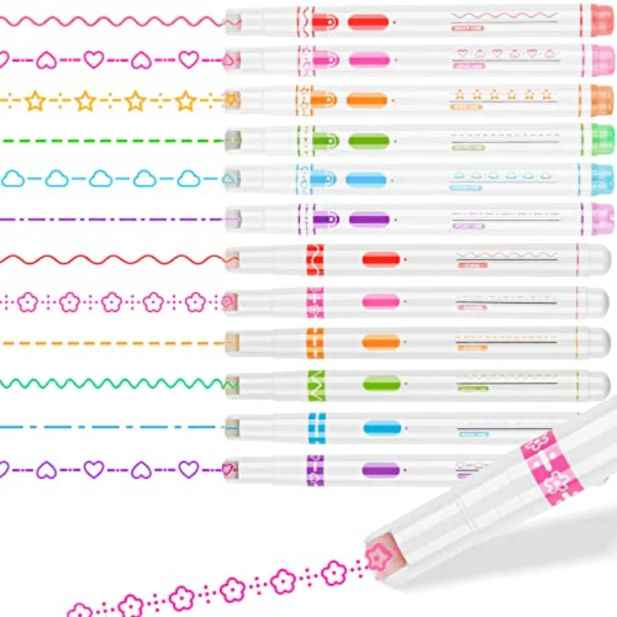 Roller Markers 12-Pack Curve Line Highlighter Pens with Scroll Wheel, 8 Curve Pattern Shapes and 8 Assorted Colors for Scrapboo
Roller Markers 12-Pack Curve Line Highlighter Pens with Scroll Wheel, 8 Curve Pattern Shapes and 8 Assorted Colors for Scrapboo