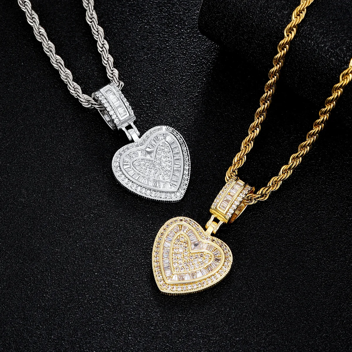 Golden/Silver Heart Pendant Necklace, Cubic zirconia Baguette Twisted Rope Chain, Hip Hop Statement Jewelry Gift for Her
Golden/Silver Heart Pendant Necklace, Cubic zirconia Baguette Twisted Rope Chain, Hip Hop Statement Jewelry Gift for Her