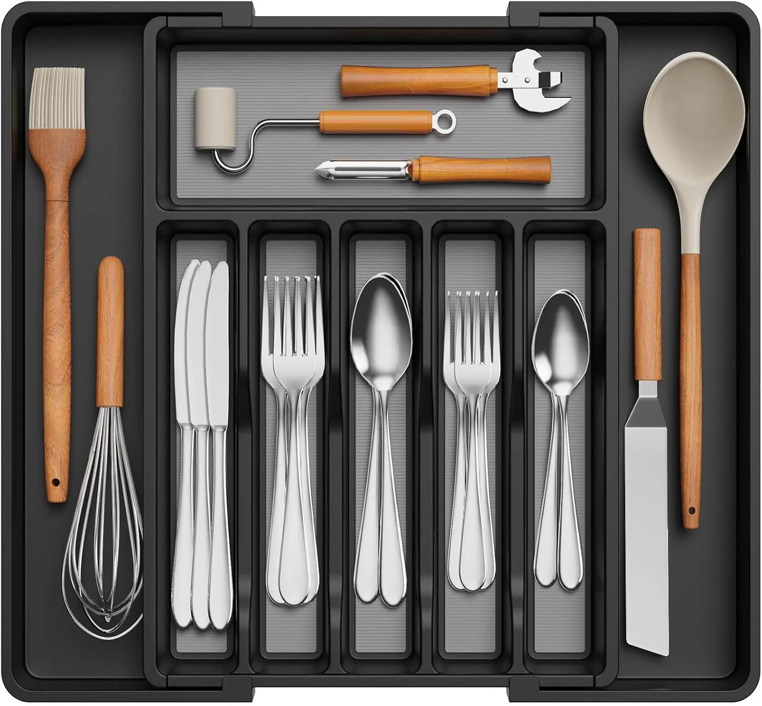 Расширяемый органайзер для столовых приборов, нескользящий поднос для столовых приборов TPR, регулируемое кухонное хранилище для ложек, вилок, ножей, черный и
Расширяемый органайзер для столовых приборов, нескользящий поднос для столовых приборов TPR, регулируемое кухонное хранилище для ложек, вилок, ножей, черный и