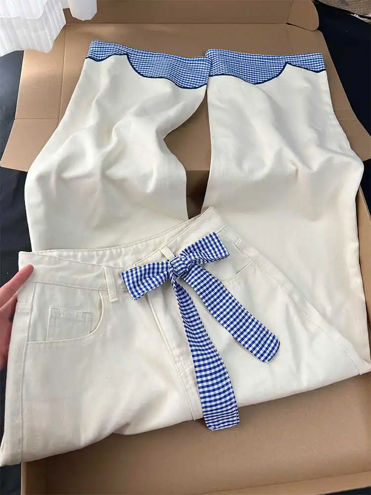 Oversized Blue Grid Spliced Jeans Women Spring/Summer New High Waist Bow Lace-up Straight Pant Fashion Niche White Denim Trouser
Oversized Blue Grid Spliced Jeans Women Spring/Summer New High Waist Bow Lace-up Straight Pant Fashion Niche White Denim Trouser