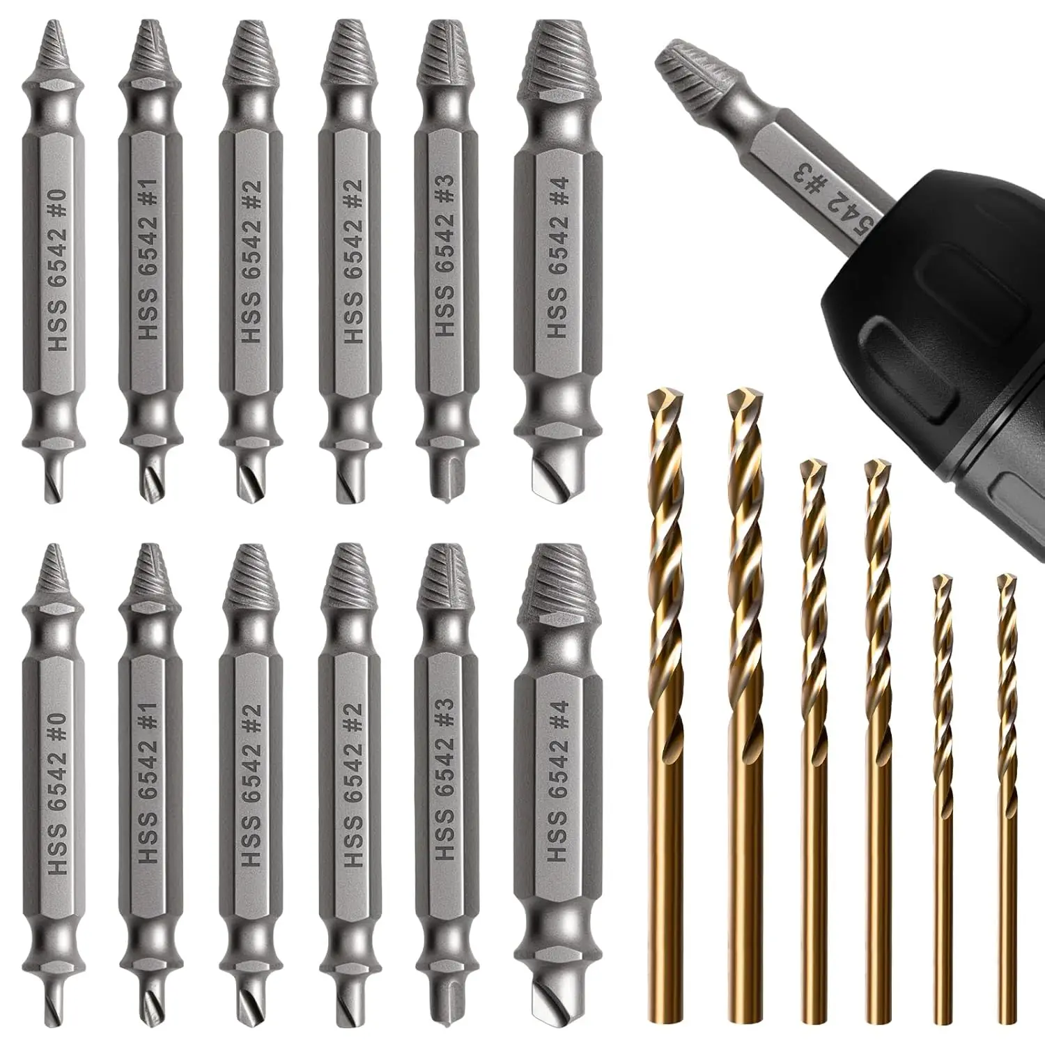 18PCS Screw Extractor Set, HSS 6542 Dual-End Drill Bits for Removing Damaged, Stripped & Broken Screws
18PCS Screw Extractor Set, HSS 6542 Dual-End Drill Bits for Removing Damaged, Stripped & Broken Screws