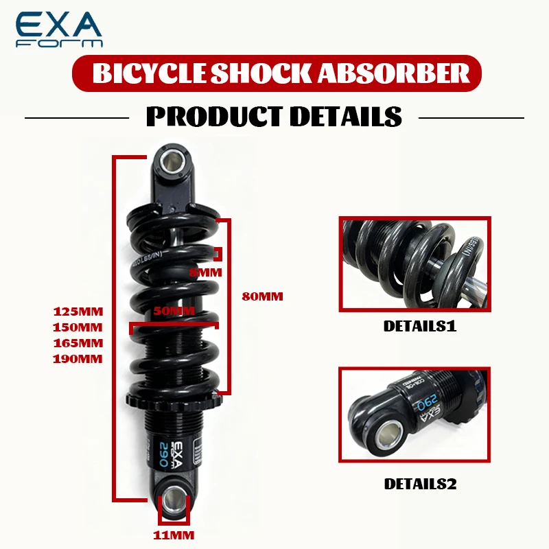 EXA Form 290 Bike Rear Shock Absorber Suspension Shocks Spring for MTB Bicycle Scooter 125/150/165mm 1000 1250 LBS Accessories
EXA Form 290 Bike Rear Shock Absorber Suspension Shocks Spring for MTB Bicycle Scooter 125/150/165mm 1000 1250 LBS Accessories
