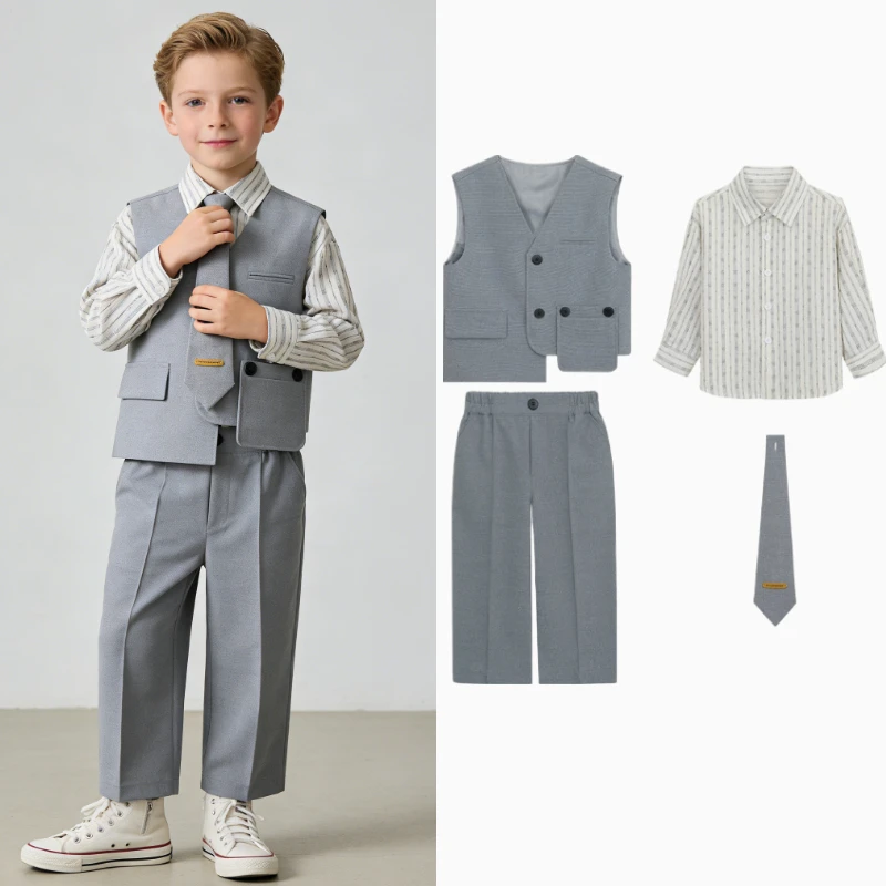 Boys Formal Suit Set Gray Asymmetric Vest Striped Shirt Wide Leg Pants Tie Kids Gentleman Outfit for Wedding Party Photo Shoot
Boys Formal Suit Set Gray Asymmetric Vest Striped Shirt Wide Leg Pants Tie Kids Gentleman Outfit for Wedding Party Photo Shoot