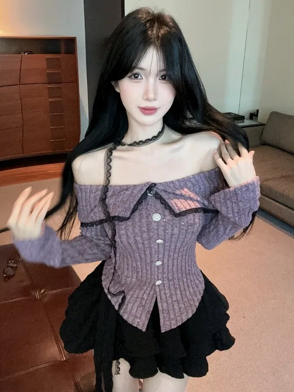 Pure Desire One-Shoulder Lace Trim Shiny Knit Top And Cake Skirt Women's Autumn Winter Fashion Two-Piece Set Slim Fit Korean ...
Pure Desire One-Shoulder Lace Trim Shiny Knit Top And Cake Skirt Women's Autumn Winter Fashion Two-Piece Set Slim Fit Korean ...
