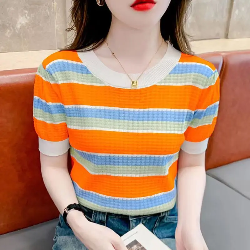 Fashion O-Neck Short Sleeve Knitted Striped T-Shirts Women's Clothing 2024 Summer New Loose Korean Tops All-match Tee Shirts
Fashion O-Neck Short Sleeve Knitted Striped T-Shirts Women's Clothing 2024 Summer New Loose Korean Tops All-match Tee Shirts