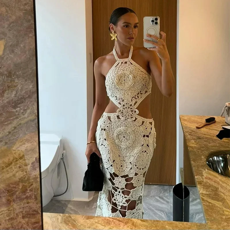 Knitted Crochet Hook Flower Halter Dress Women Slim Lace Up Off Shoulder Backless Party Dresses Female Summer Lady Beach Robes
Knitted Crochet Hook Flower Halter Dress Women Slim Lace Up Off Shoulder Backless Party Dresses Female Summer Lady Beach Robes
