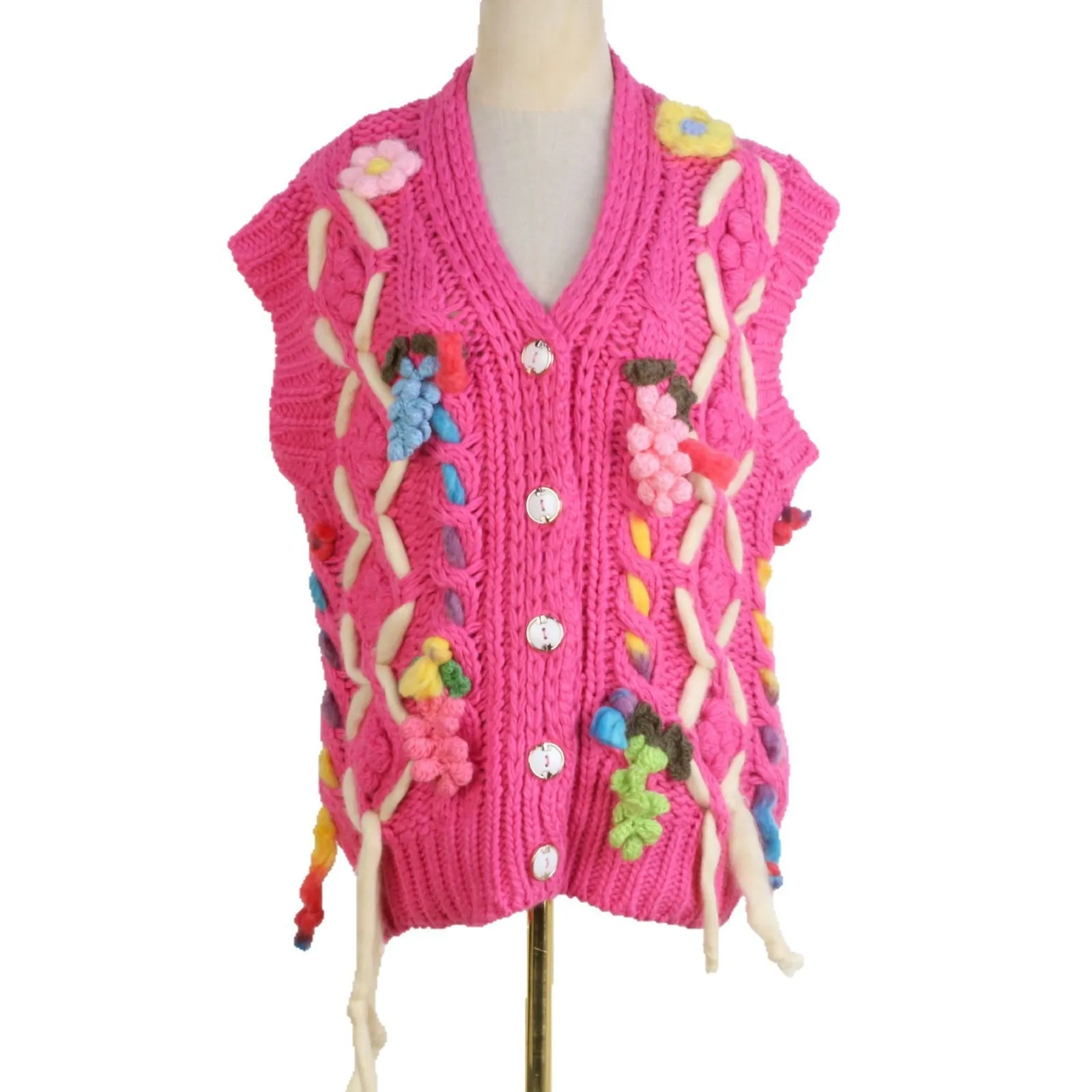 Sweet And Cute Bohemian Sweater Vest Heavy Hand-woven Thick Needle Twist Three-dimensional Flower Grape Knitted Vest Cardigan
Sweet And Cute Bohemian Sweater Vest Heavy Hand-woven Thick Needle Twist Three-dimensional Flower Grape Knitted Vest Cardigan