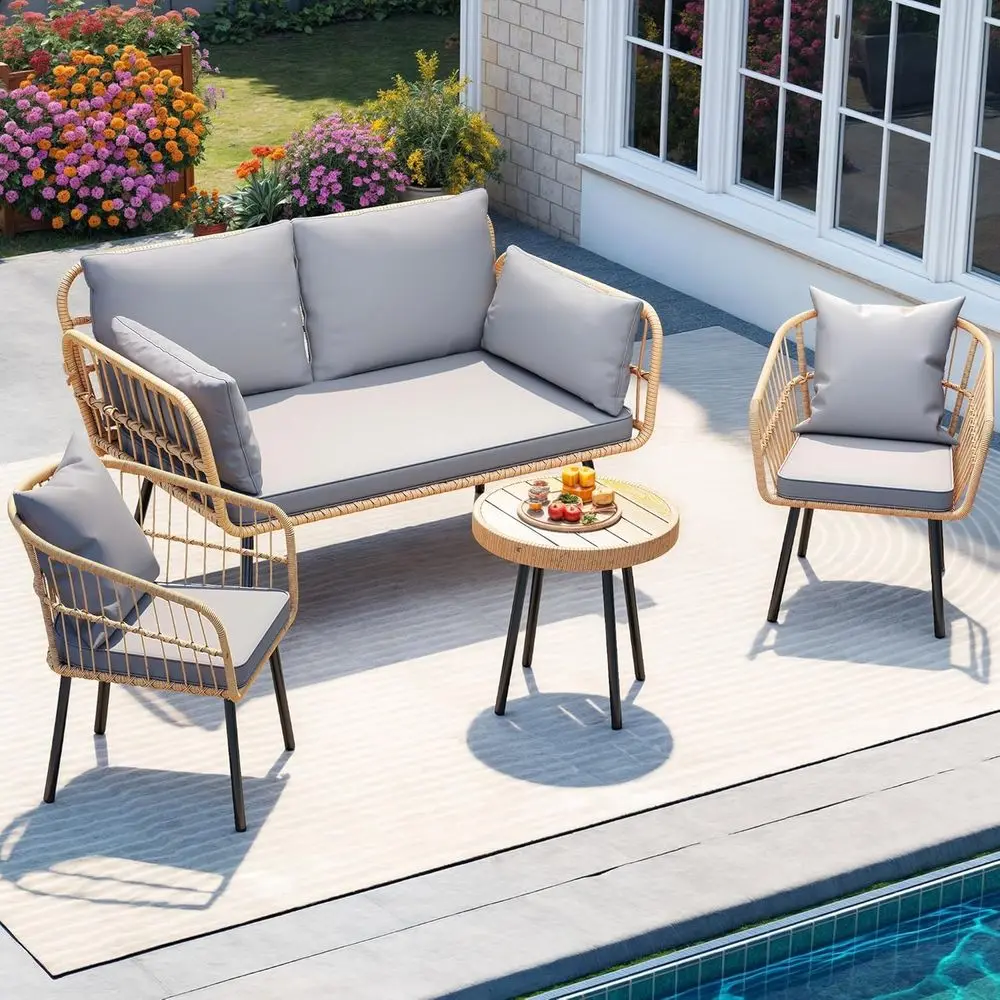 Patio urniture Set 4 Pieces Boho Wicker Bistro Set, All Weather Outdoor Rattan Contion Set with Loveseat Chairs Table Sot Cushio
Patio urniture Set 4 Pieces Boho Wicker Bistro Set, All Weather Outdoor Rattan Contion Set with Loveseat Chairs Table Sot Cushio