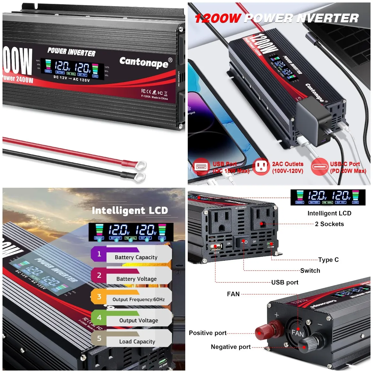1200W Power Inverter DC 12V to 120V AC with LCD Dual Outlets USB Type-C for Car Truck
1200W Power Inverter DC 12V to 120V AC with LCD Dual Outlets USB Type-C for Car Truck
