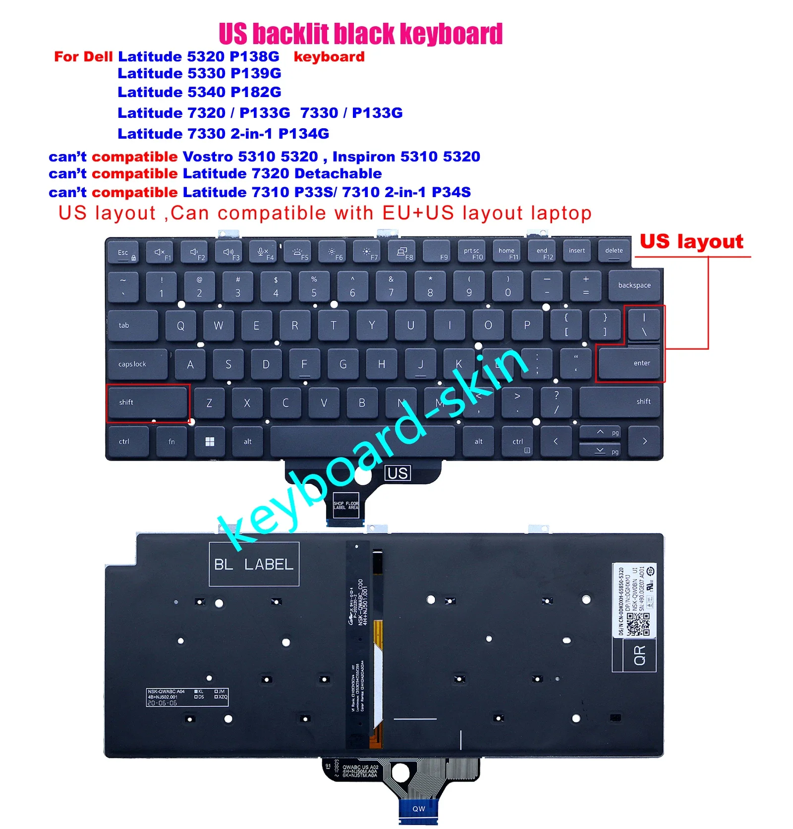 New US Backlit Keyboard For Dell Latitude 5320 P138G,5330 P139G,5340 P182G,7320 P133G,7330 P133G,7330 2-in-1 /P134G laptop
New US Backlit Keyboard For Dell Latitude 5320 P138G,5330 P139G,5340 P182G,7320 P133G,7330 P133G,7330 2-in-1 /P134G laptop
