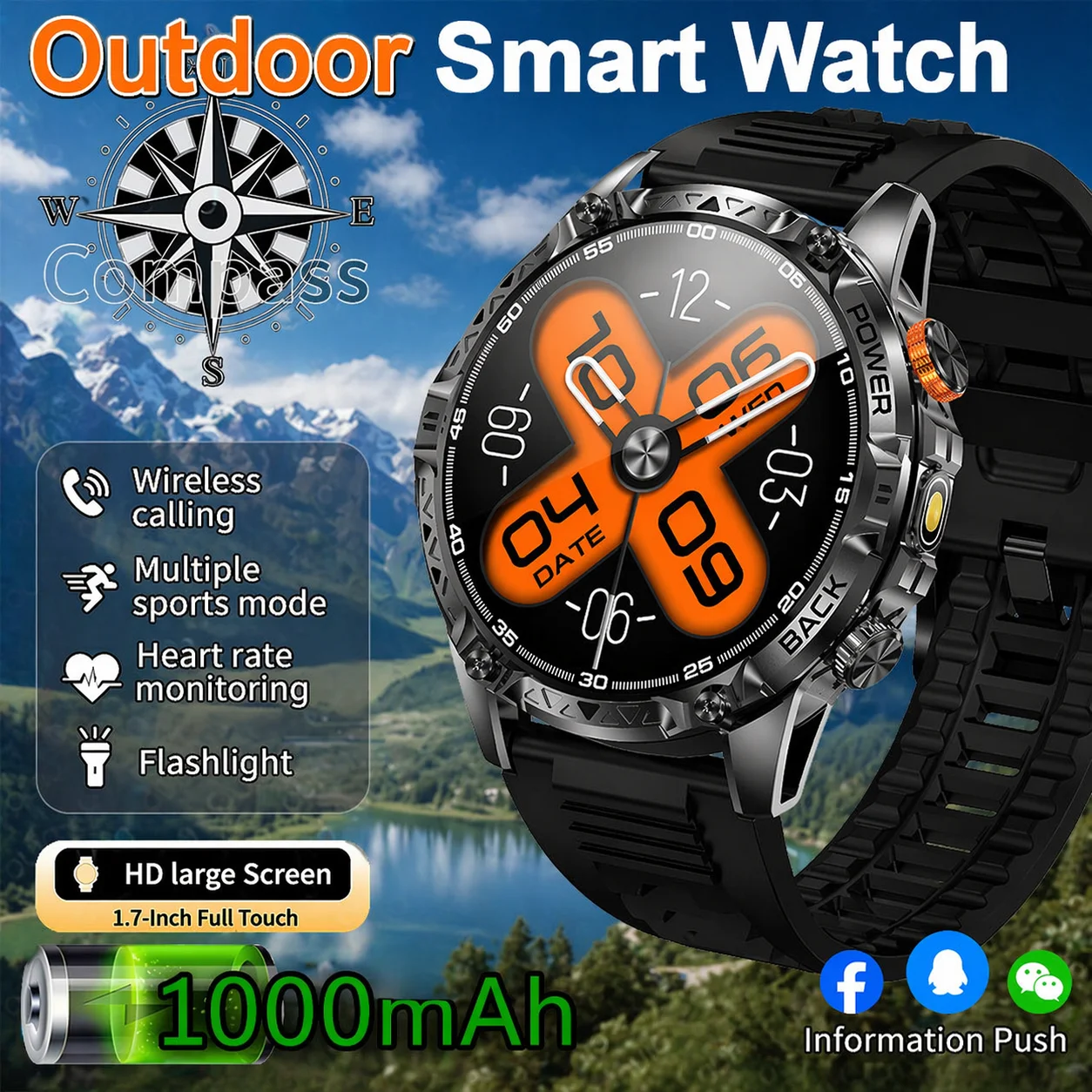New Smart Watch 1000 mAh 1.7"Screen Health Monitoring 100+sports LED Flashlight Compass IP68 Waterproof Wireless Call Smartwatch
New Smart Watch 1000 mAh 1.7"Screen Health Monitoring 100+sports LED Flashlight Compass IP68 Waterproof Wireless Call Smartwatch