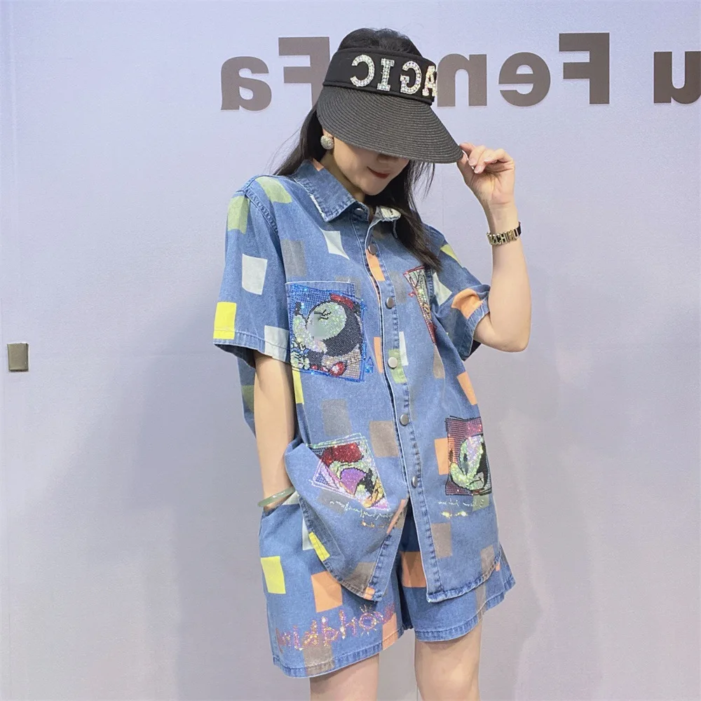 Colorblock Spring Summer Short Sleeve Denim Shirts Sets Trendy Diamonds Mickey Loose Cardigans Top + Elastic Waist Casual Shorts
Colorblock Spring Summer Short Sleeve Denim Shirts Sets Trendy Diamonds Mickey Loose Cardigans Top + Elastic Waist Casual Shorts
