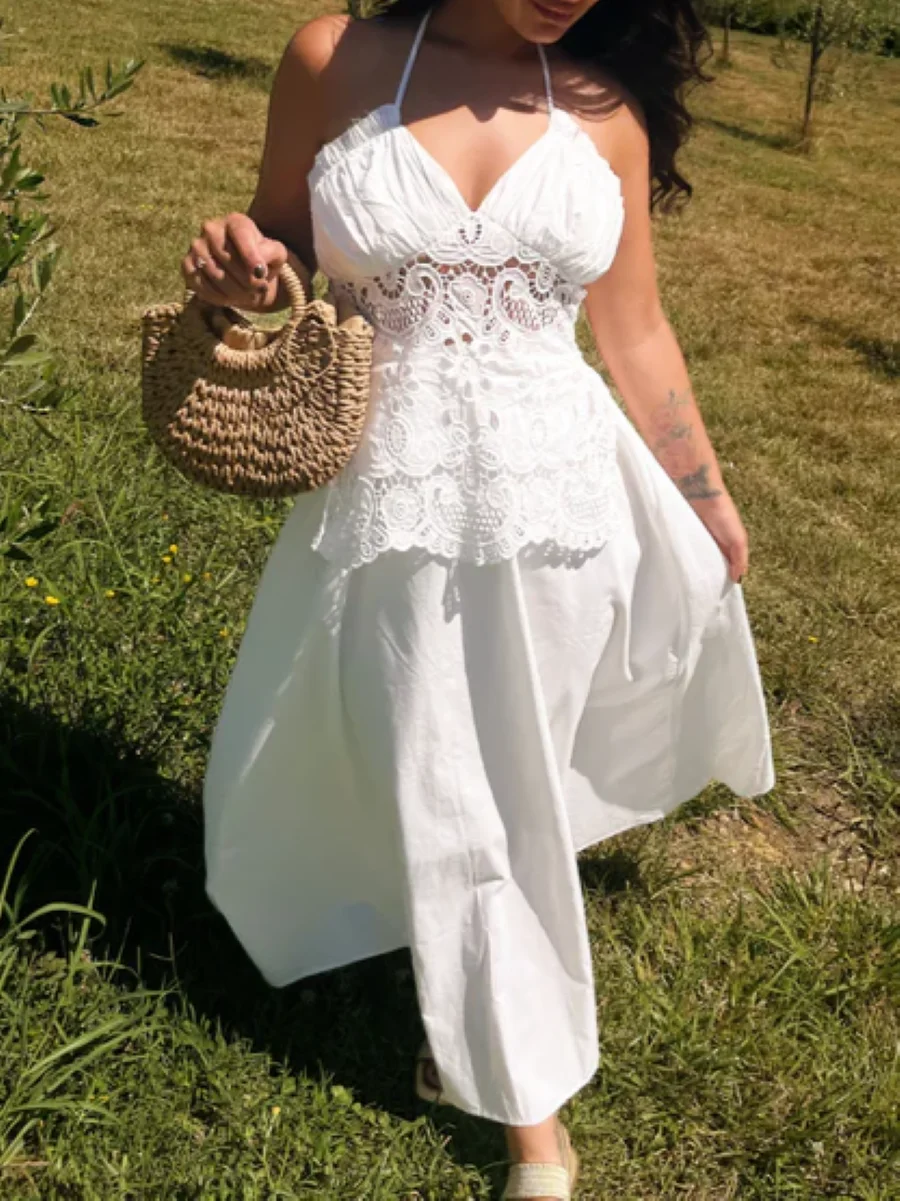 Новинка 2025, женское белое платье макси с открытой спиной, вышивка, ажурный Холтер с v-образным вырезом, без рукавов, праздничный халат из 100% хлопка
Новинка 2025, женское белое платье макси с открытой спиной, вышивка, ажурный Холтер с v-образным вырезом, без рукавов, праздничный халат из 100% хлопка