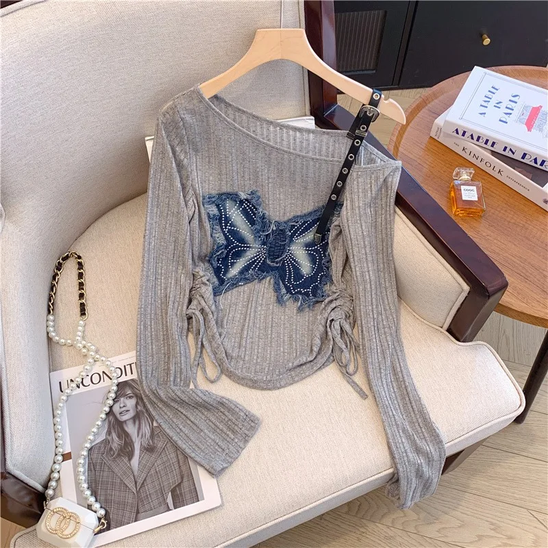 Korean Style Slim Fit Denim Splice Knit Top Women's Early Autumn Spicy Shoulder Exposure Base Shirt Commute
Korean Style Slim Fit Denim Splice Knit Top Women's Early Autumn Spicy Shoulder Exposure Base Shirt Commute
