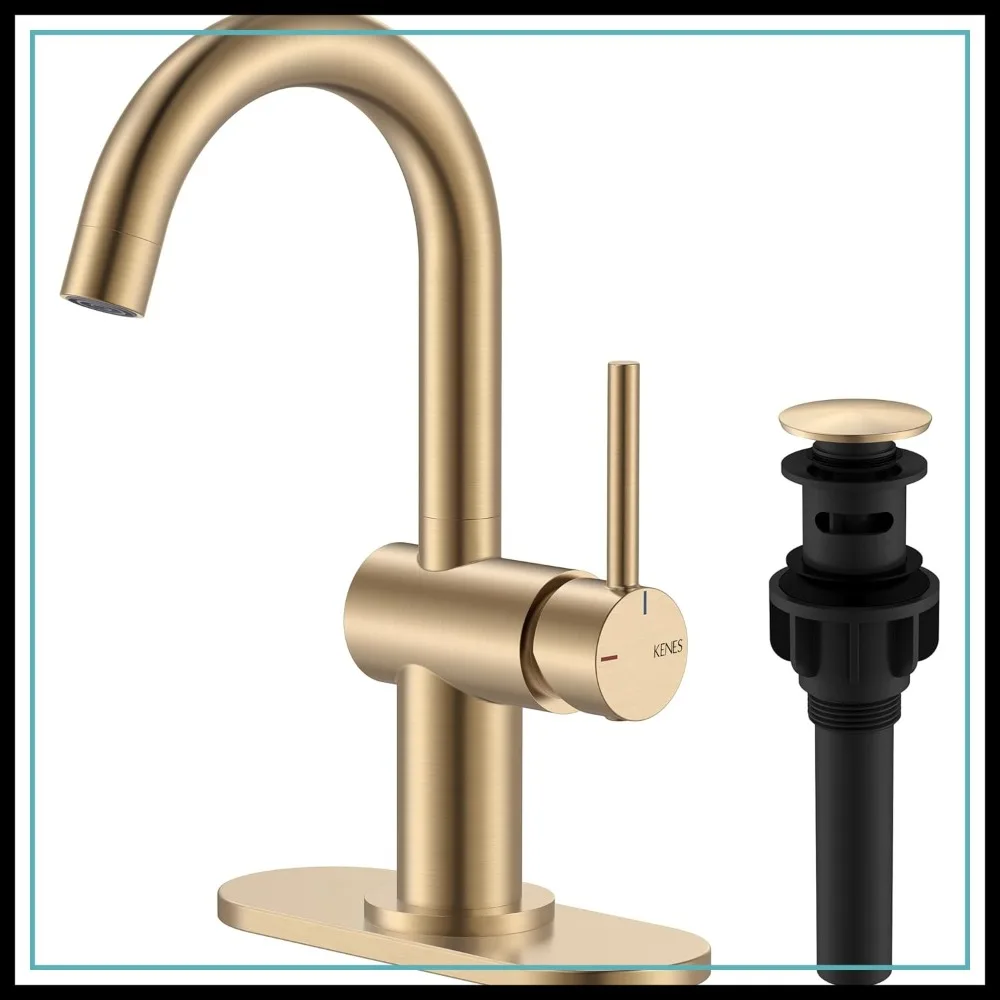 1 Hole Single Handle Bathroom Faucet for Sink, Gold Finish, with Drain Assembly & Deck Plate, for Farmhouse RV Camper Outdoor Use
1 Hole Single Handle Bathroom Faucet for Sink, Gold Finish, with Drain Assembly & Deck Plate, for Farmhouse RV Camper Outdoor Use