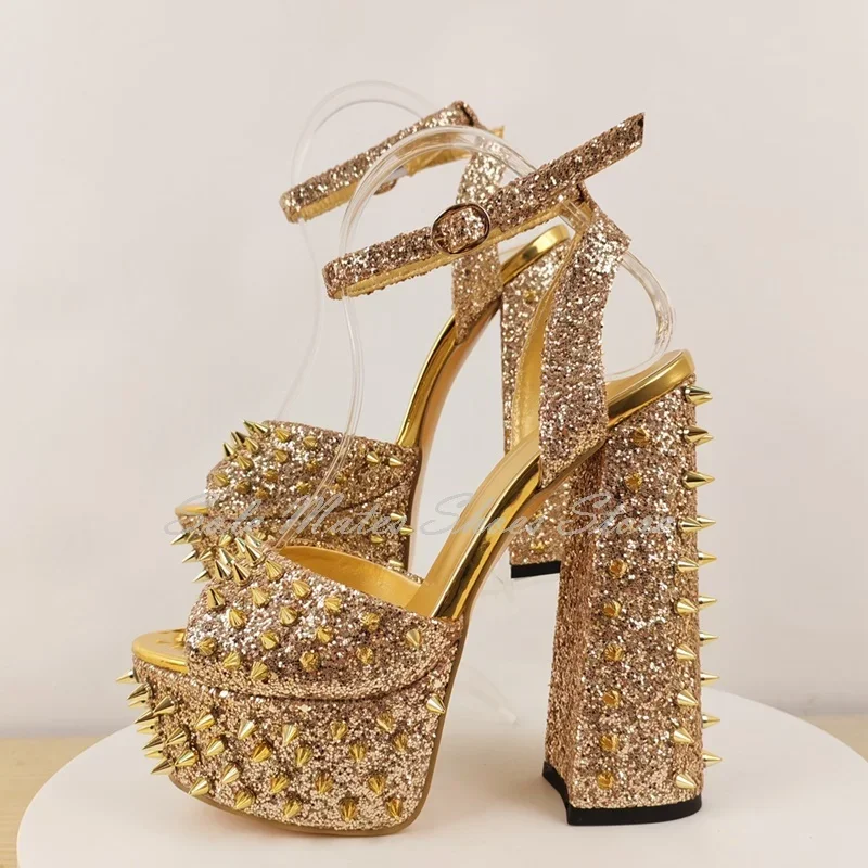 New Arrival Women Gold Glitter Platform Pumps Golden Spikes Open Toe Stiletto High Heel Sandals Female Ankle Buckle Dress Shoes
New Arrival Women Gold Glitter Platform Pumps Golden Spikes Open Toe Stiletto High Heel Sandals Female Ankle Buckle Dress Shoes