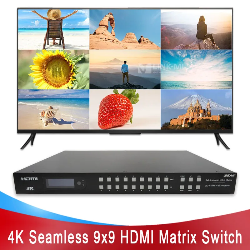 LINK-MI 4K 9X9 HDMI Matrix Seamless Switch 3x3 Video Wall Controller 9x1 Multi-viewer with Audio Extraction and EDID Adjustment
LINK-MI 4K 9X9 HDMI Matrix Seamless Switch 3x3 Video Wall Controller 9x1 Multi-viewer with Audio Extraction and EDID Adjustment
