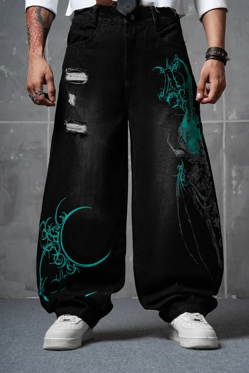 Y2K Vintage Harajuku Baggy Wide Leg Jeans Men Black Distressed Ripped Denim Pants Retro Streetwear Gothic Turquoise Print
Y2K Vintage Harajuku Baggy Wide Leg Jeans Men Black Distressed Ripped Denim Pants Retro Streetwear Gothic Turquoise Print