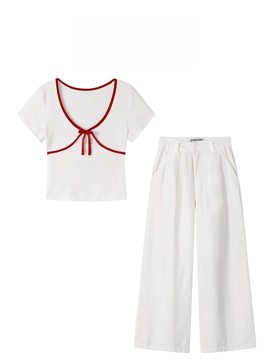 White V-neck Knot Short Sleeve T-shirt High Waist Draped Straight Leg Casual Wide Leg Pants Set Parkyeon
White V-neck Knot Short Sleeve T-shirt High Waist Draped Straight Leg Casual Wide Leg Pants Set Parkyeon