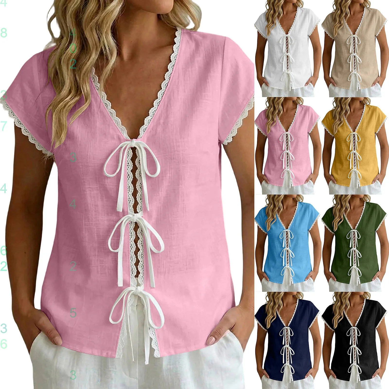Summer Casual Lace Trim Contrast Short Sleeve Tie Blouse Tops Shirts Solid Cotton Linen Tee
Summer Casual Lace Trim Contrast Short Sleeve Tie Blouse Tops Shirts Solid Cotton Linen Tee