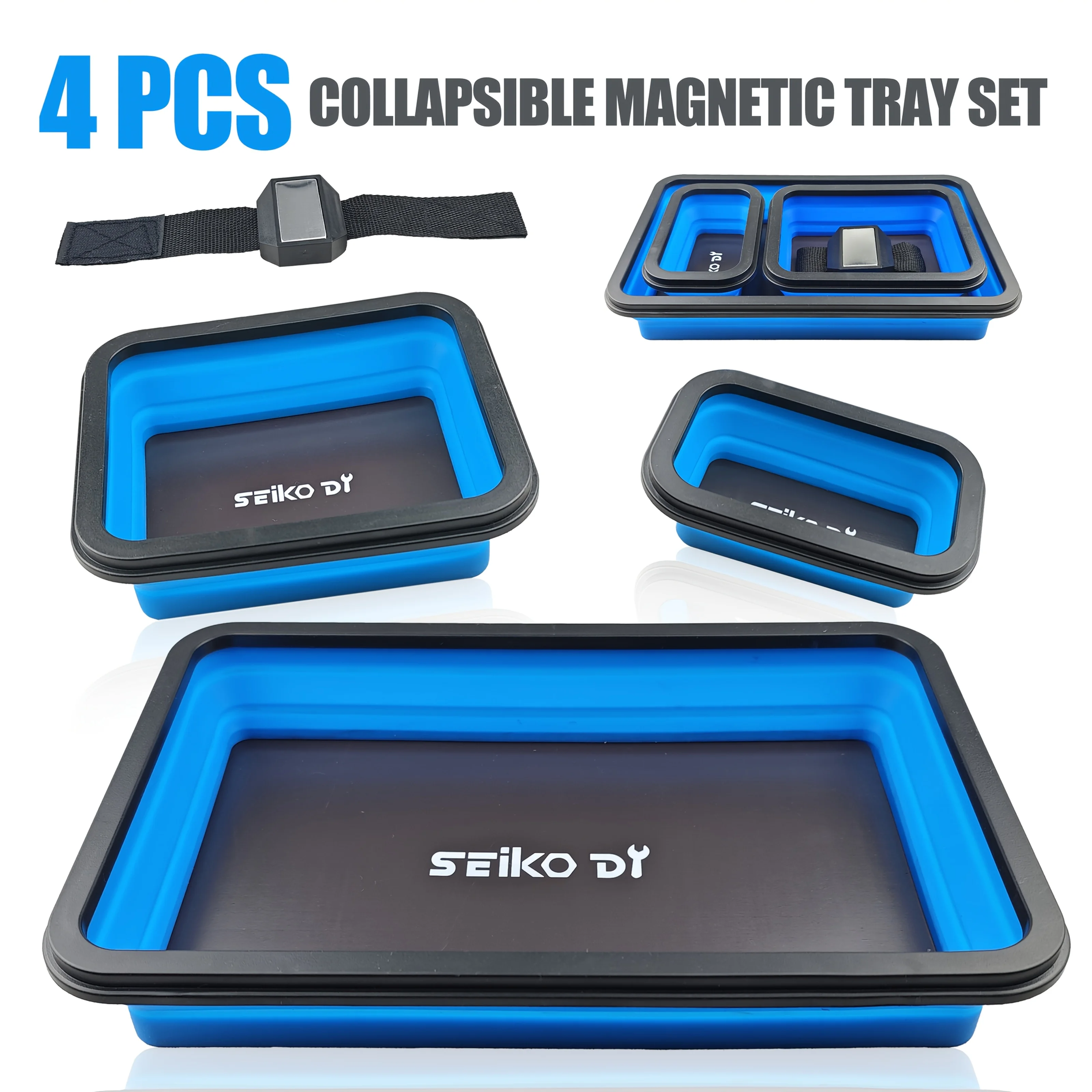 4pcs Collapsible Magnetic Parts Tray Set - 3 Different Size Tool Trays for Screw And 1 Magnetic Wrist Strap, Bolts, Nuts, Washers, Pins And Other Small Metal Parts, Mechanic Tool Gifts for Men - Blue
4pcs Collapsible Magnetic Parts Tray Set - 3 Different Size Tool Trays for Screw And 1 Magnetic Wrist Strap, Bolts, Nuts, Washers, Pins And Other Small Metal Parts, Mechanic Tool Gifts for Men - Blue