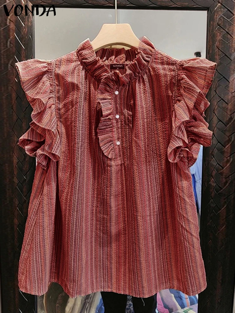 Sleeveless Summer Ruffles Stripe Tops Tee Women Tank Tops VONDA Fashion Stand Collar Blusas Streetwear OL Party Tops Tanks
Sleeveless Summer Ruffles Stripe Tops Tee Women Tank Tops VONDA Fashion Stand Collar Blusas Streetwear OL Party Tops Tanks