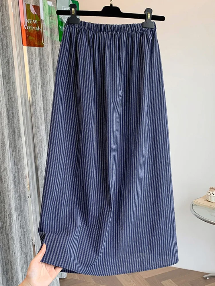 High Waist A-Line Midi Skirt Women's Cotton Striped Straight Cut Open Split Artistic Sle Wrap around Skirt Summer 2025
High Waist A-Line Midi Skirt Women's Cotton Striped Straight Cut Open Split Artistic Sle Wrap around Skirt Summer 2025