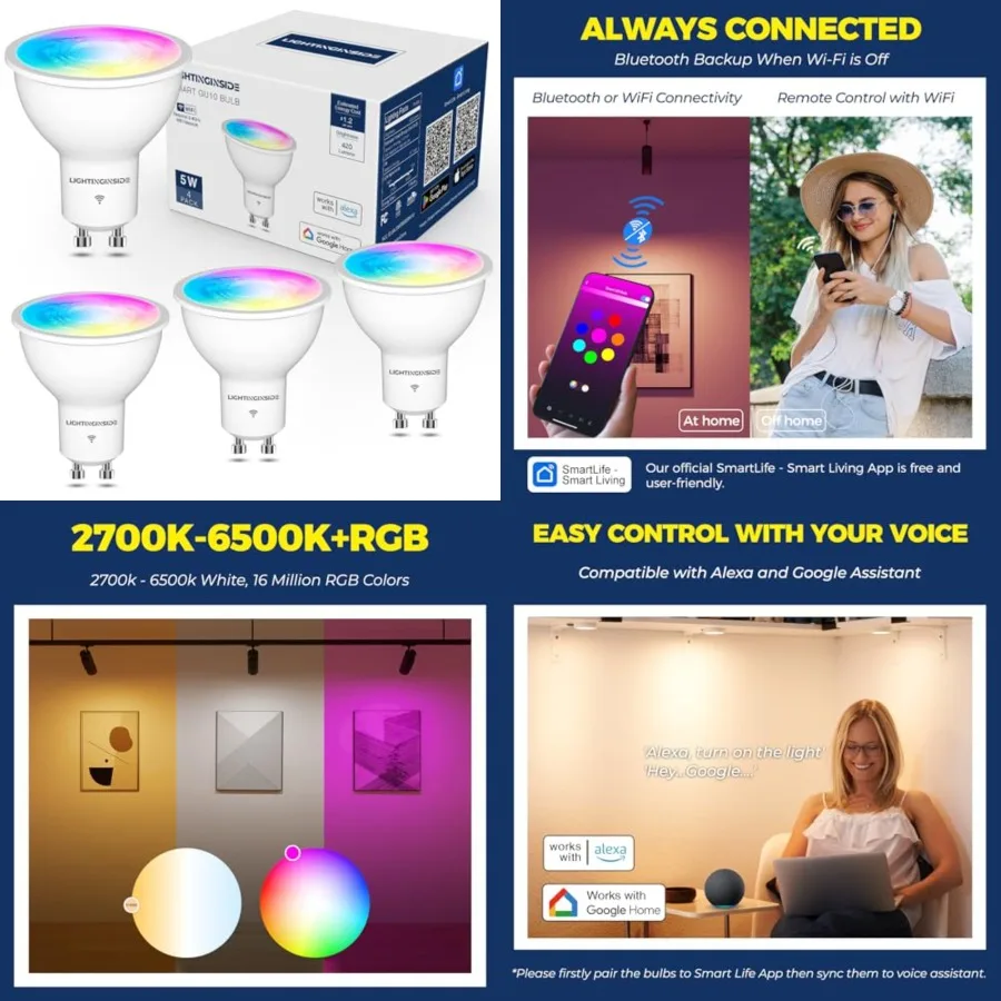 GU10 Smart Light Bulbs 50W Equivalent, 38°Beam Angle, Smart Bulb Works with Alexa/Google Home/SmartLife, 5W 420LM, RGBCW Blueto
GU10 Smart Light Bulbs 50W Equivalent, 38°Beam Angle, Smart Bulb Works with Alexa/Google Home/SmartLife, 5W 420LM, RGBCW Blueto