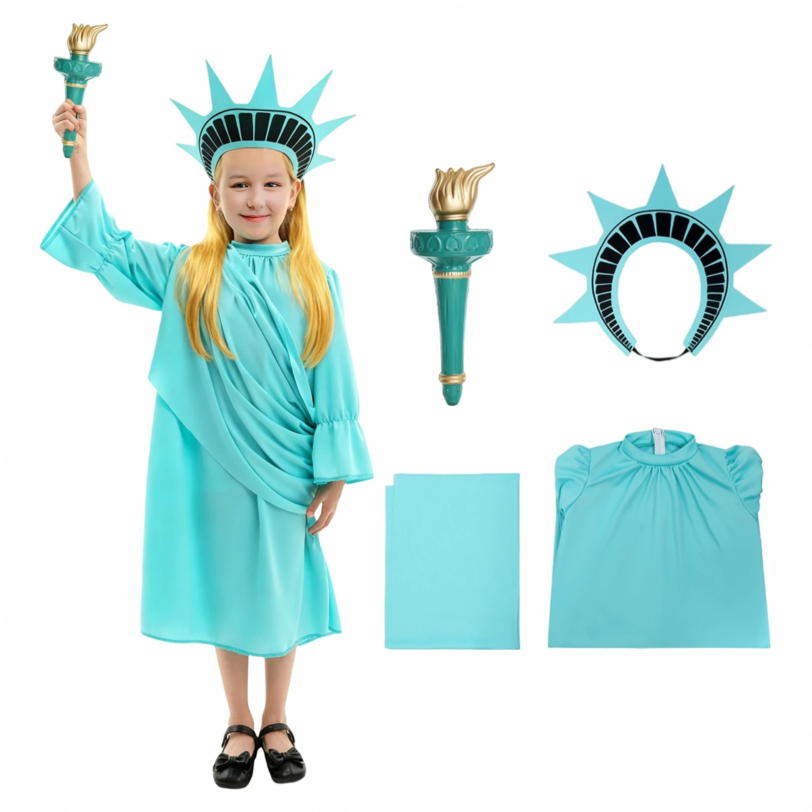 Kids Goddess Statue Cosplay Costume Girl Blue Dress with Crown Headband Torch Independence Day Halloween Performance Dress
Kids Goddess Statue Cosplay Costume Girl Blue Dress with Crown Headband Torch Independence Day Halloween Performance Dress