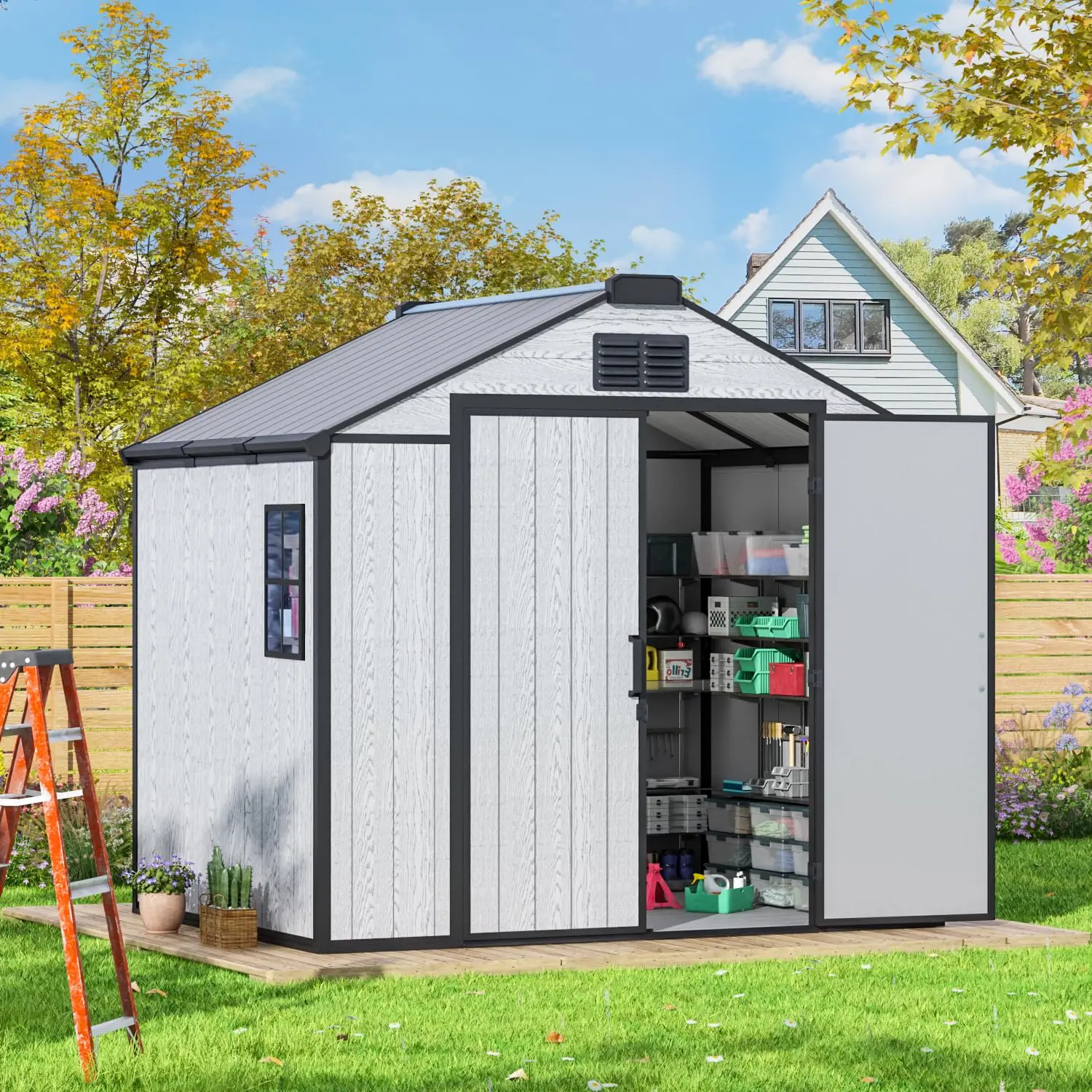 8x6FT Outdoor Storage Shed Lockable Door Windows Resin Floor Plastic Garden Lawnmower Pool Bike, Customized
8x6FT Outdoor Storage Shed Lockable Door Windows Resin Floor Plastic Garden Lawnmower Pool Bike, Customized