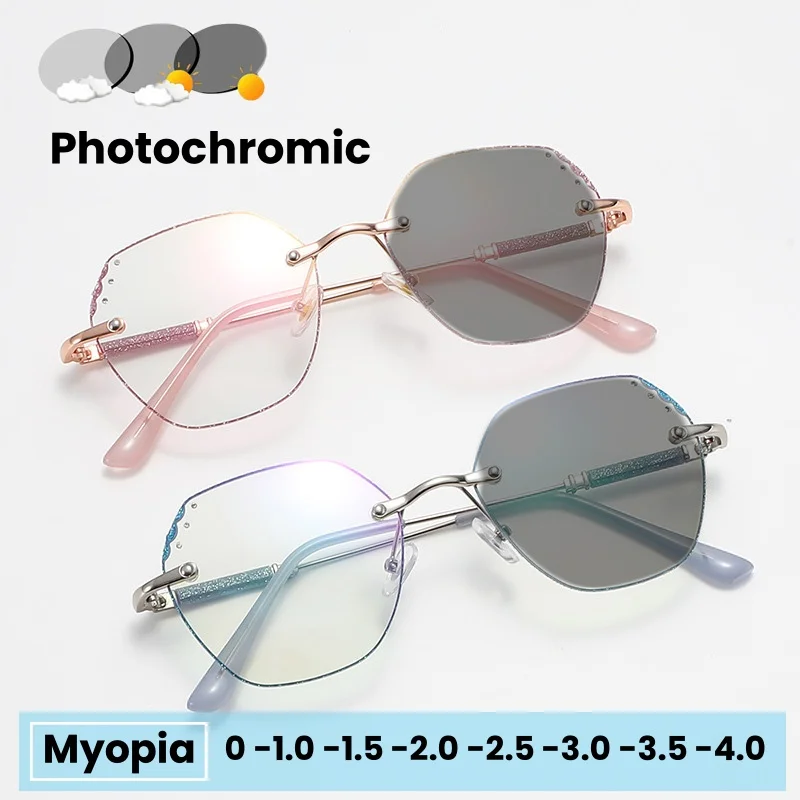 Fashion Frameless Diamond Cut Edge Flashing Edge Photochromic Myopia Glasses High-end Feel Ultra Light Anti Blue Light Glasses
Fashion Frameless Diamond Cut Edge Flashing Edge Photochromic Myopia Glasses High-end Feel Ultra Light Anti Blue Light Glasses