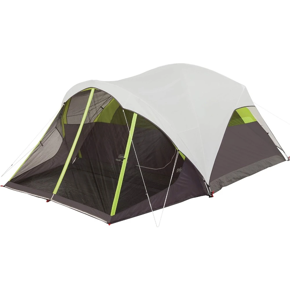 Camping tent with shielded porch, 6-person tent including pre installed poles, integrated rain flies, and shielded porch
Camping tent with shielded porch, 6-person tent including pre installed poles, integrated rain flies, and shielded porch