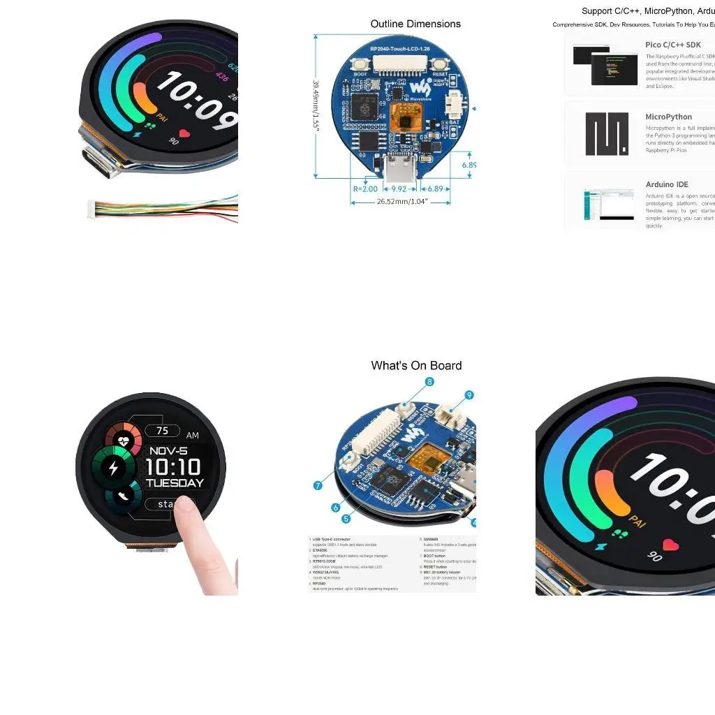 31BA RP2040 MCU POARD с 1,3 "Touch LCD, 240 x 240 пикселей, 65K красочный IPS LCD-дисплей RP2040-Touch LCD-1.28 
31BA RP2040 MCU POARD с 1,3 "Touch LCD, 240 x 240 пикселей, 65K красочный IPS LCD-дисплей RP2040-Touch LCD-1.28
