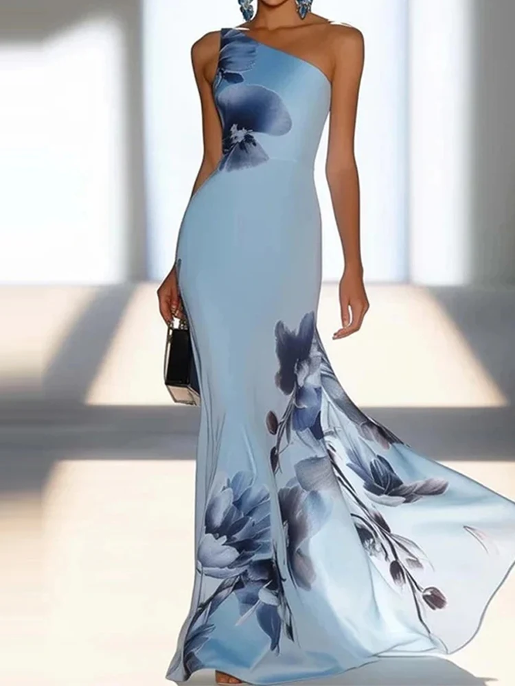 Temperament One Shoulder Backless Formal Evening Dress New Elegant Backless Slim Fit Dress Fashion Blue Printed Sleeveless Dress
Temperament One Shoulder Backless Formal Evening Dress New Elegant Backless Slim Fit Dress Fashion Blue Printed Sleeveless Dress